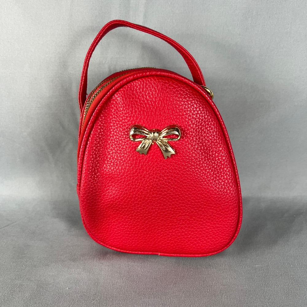 Women Mini Crossbody Bags Red Pebbled Faux Leather Bow Accent Triple Zip Handbag